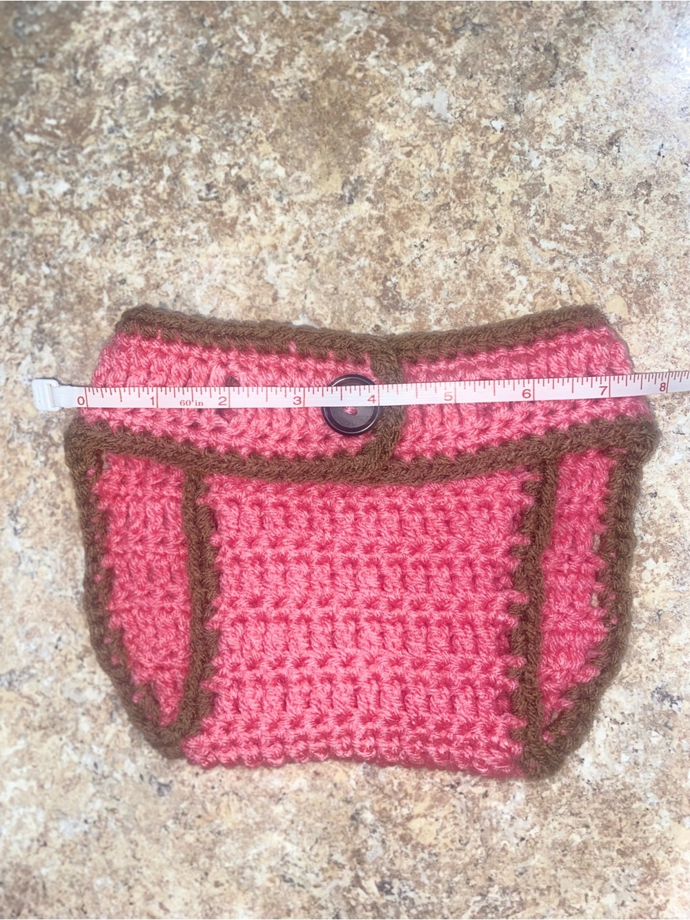 Handmade Pink Crochet Diaper Cover Set with Brown Trim and Beautiful Brown Bow - Picture 6 of 6